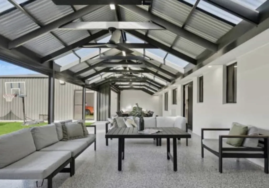 Trott Park entertainment area under exposed steel and clear roof sheeting