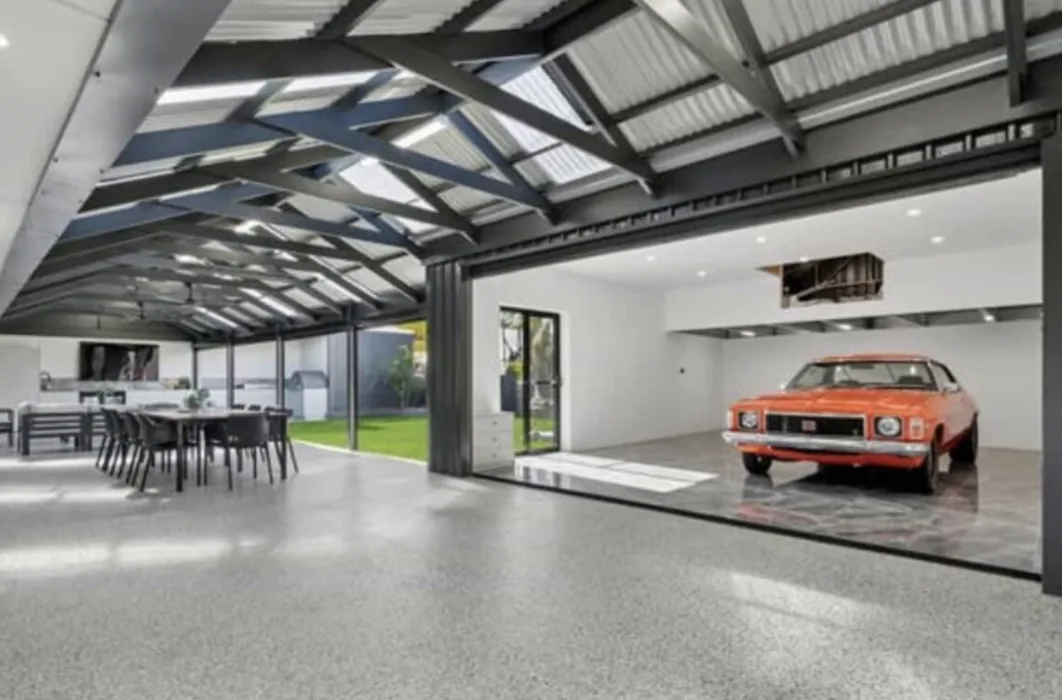 Trott Park outdoor living and showroom garage with raked steel roof